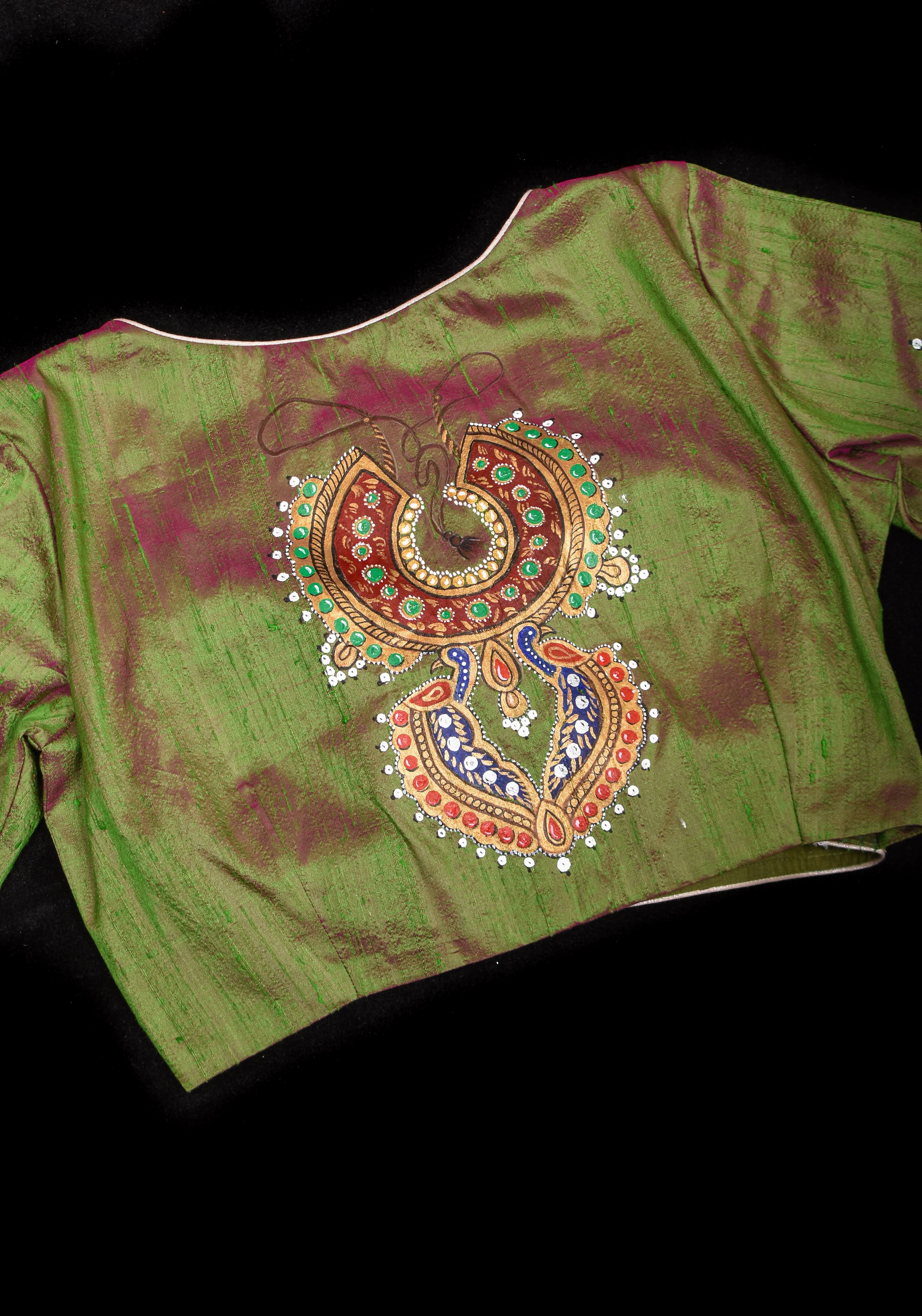 Nizam Jewelry Handpainted Blouse in Green pink Pure Raw silk with multicolor brocade bustier detailing | Shobitam