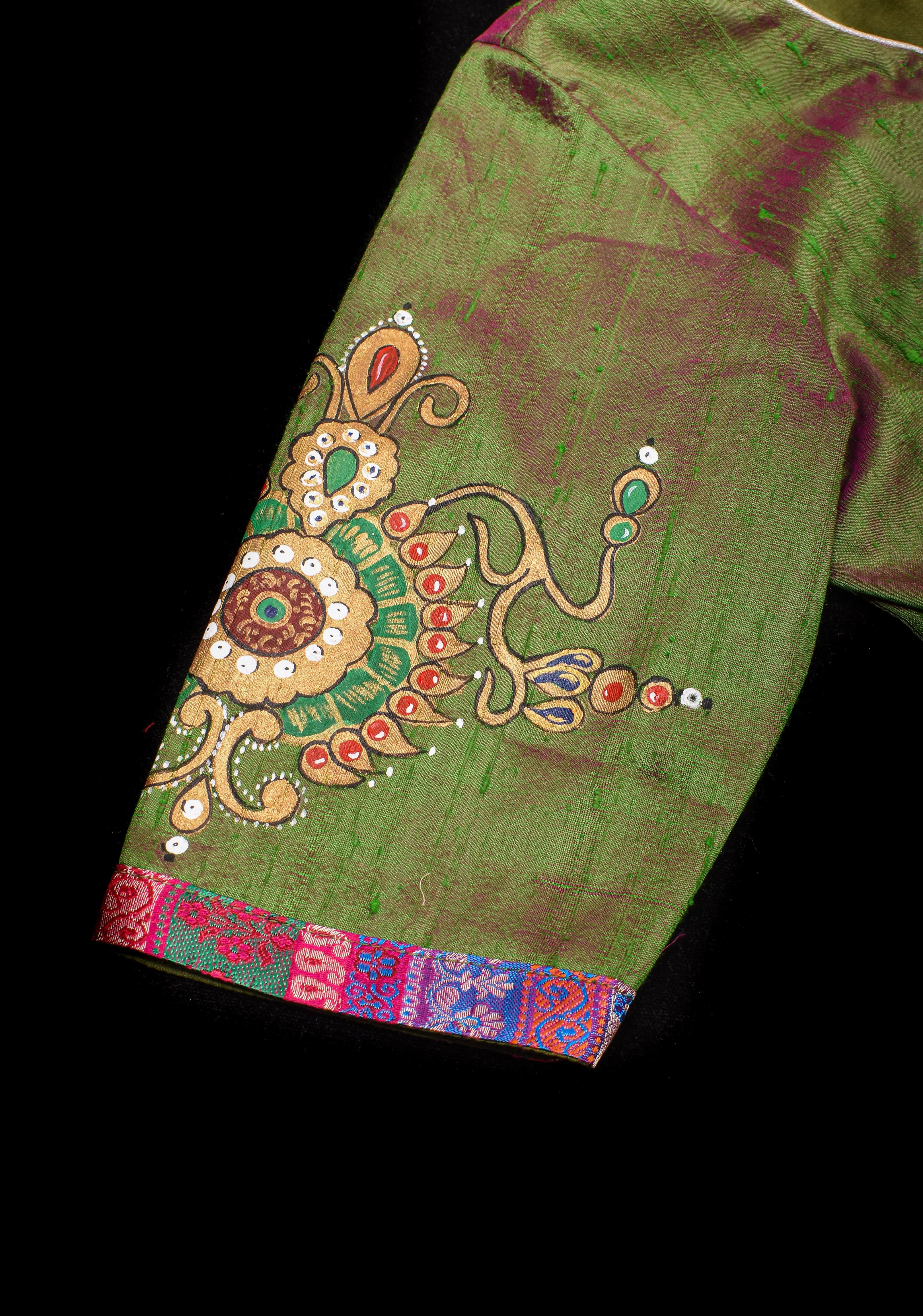 Nizam Jewelry Handpainted Blouse in Green pink Pure Raw silk with multicolor brocade bustier detailing | Shobitam