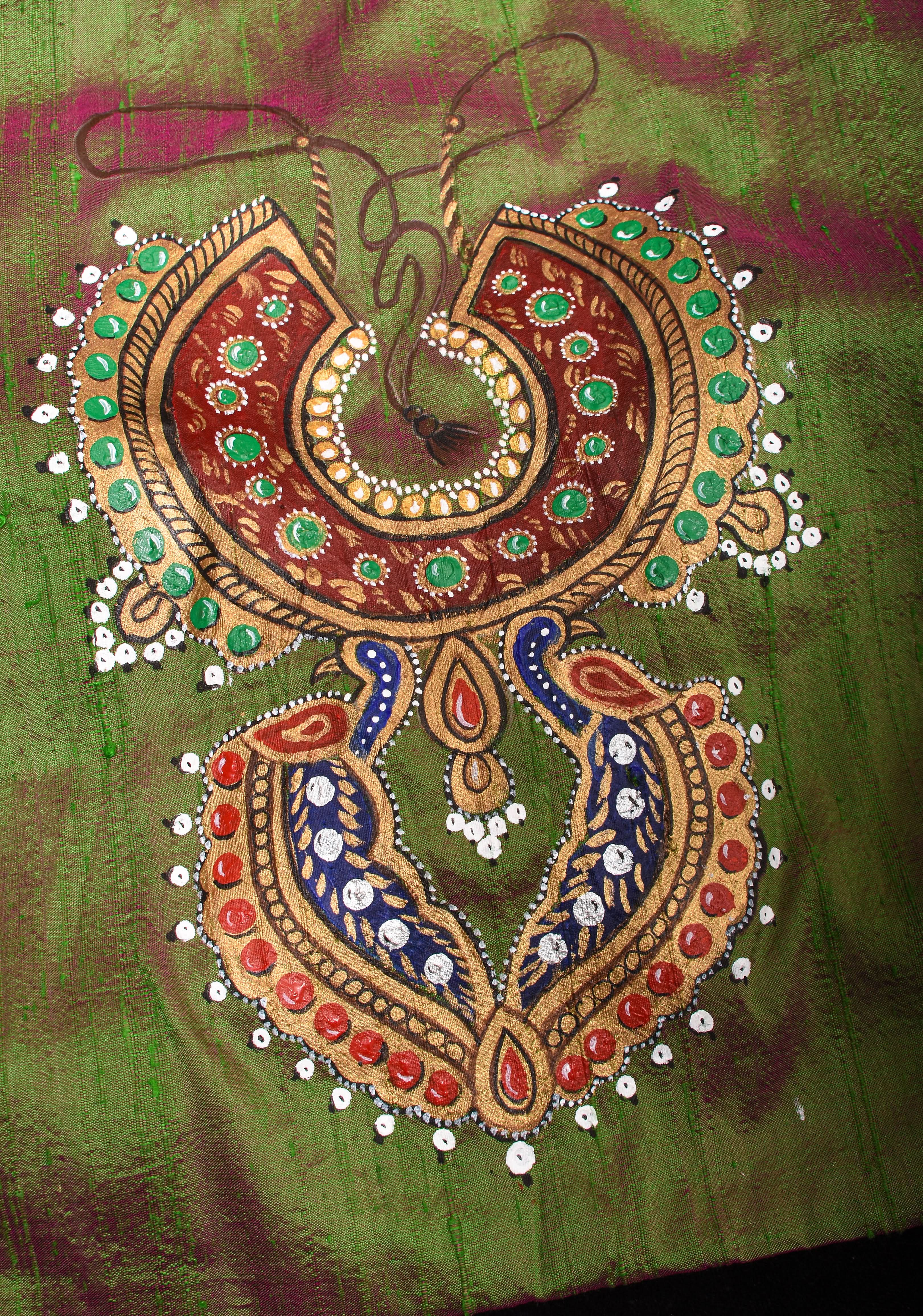 Nizam Jewelry Handpainted Blouse in Green pink Pure Raw silk with multicolor brocade bustier detailing | Shobitam