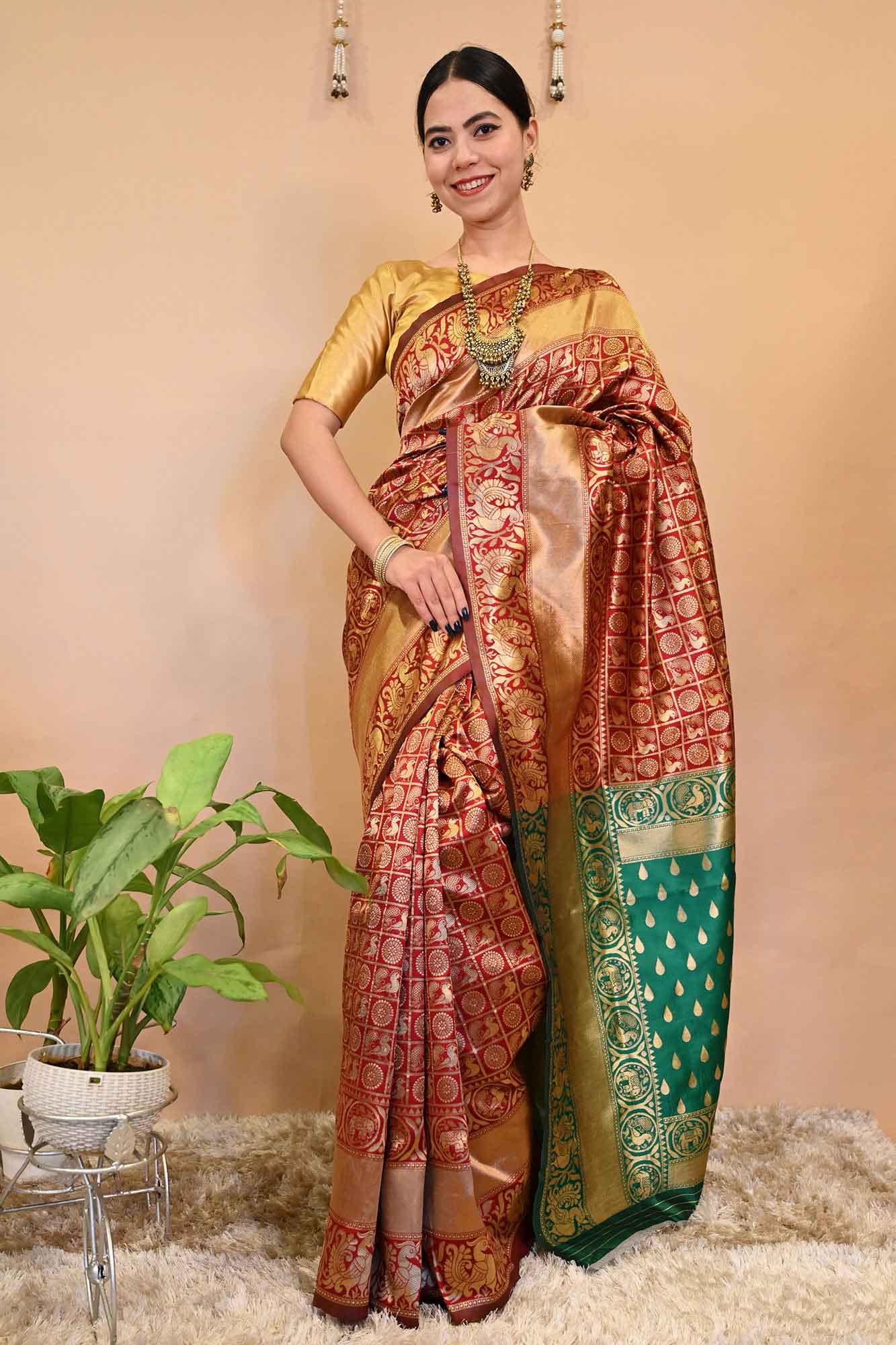Gharchola Box Style Maroon & Green With Motif Woven Overall With Ready To Wear Saree