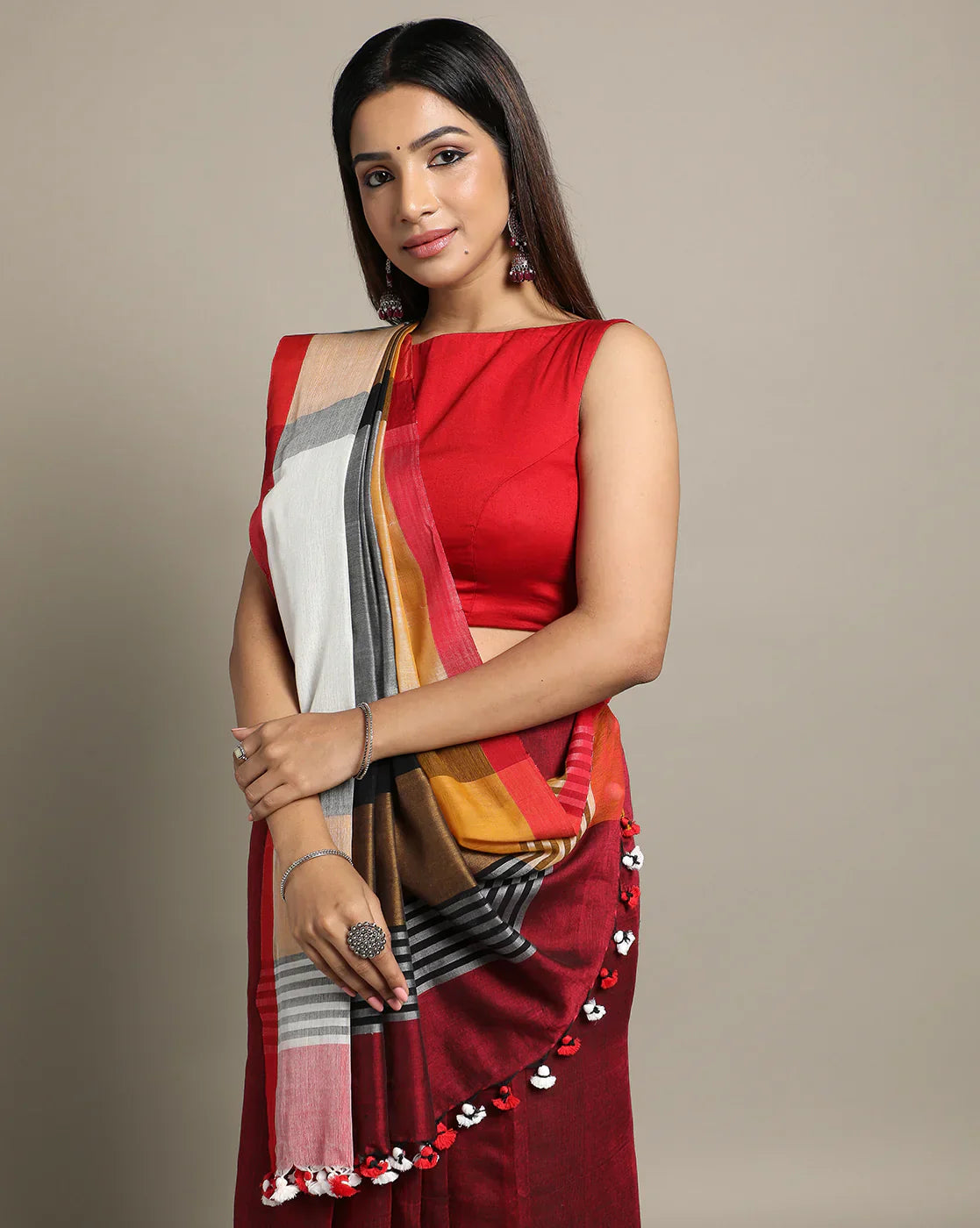 Maroon-Gray Handloom Color Block Cotton Saree