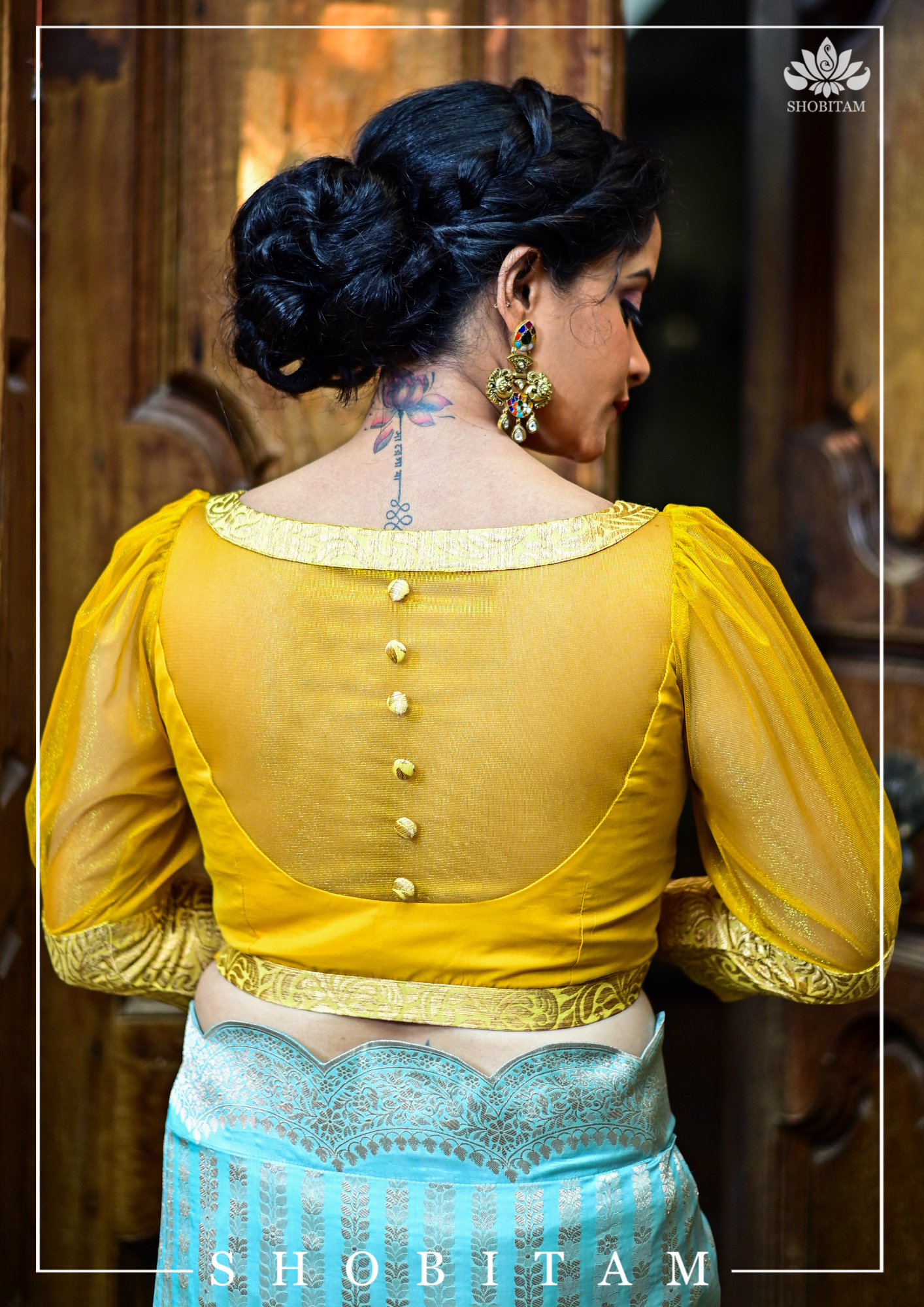 Mustard boat neck Blouse with Sheer Yoke and Puff Sleeves, Banarasi Brocade Detailing | Shobitam