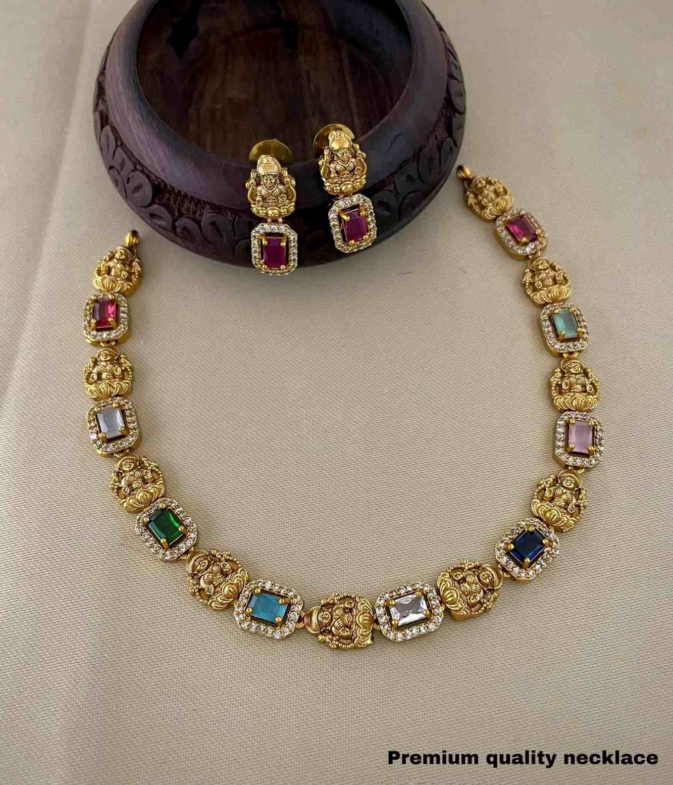 MATTE FINISH CZ MULTI COLOR STONE LAKSHMI NECKLACE WITH EARRING