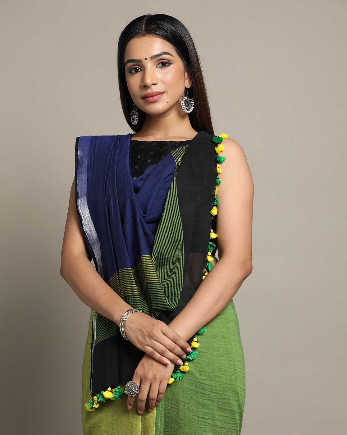 Colour block Cotton Saree with pompoms | Shobitam