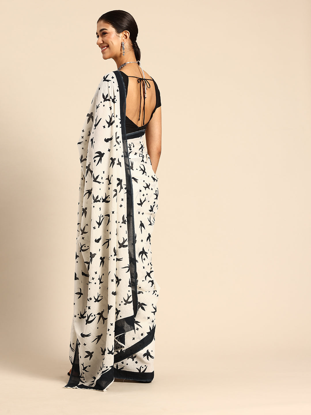 Cream Pure cotton Printed Saree with blouse piece | SHOBITAM