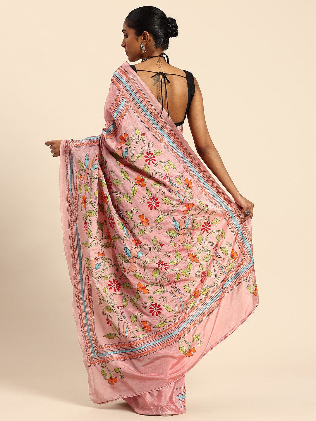 Light Pink Art Silk Kantha Stitch Saree With Blouse Piece | SHOBITAM
