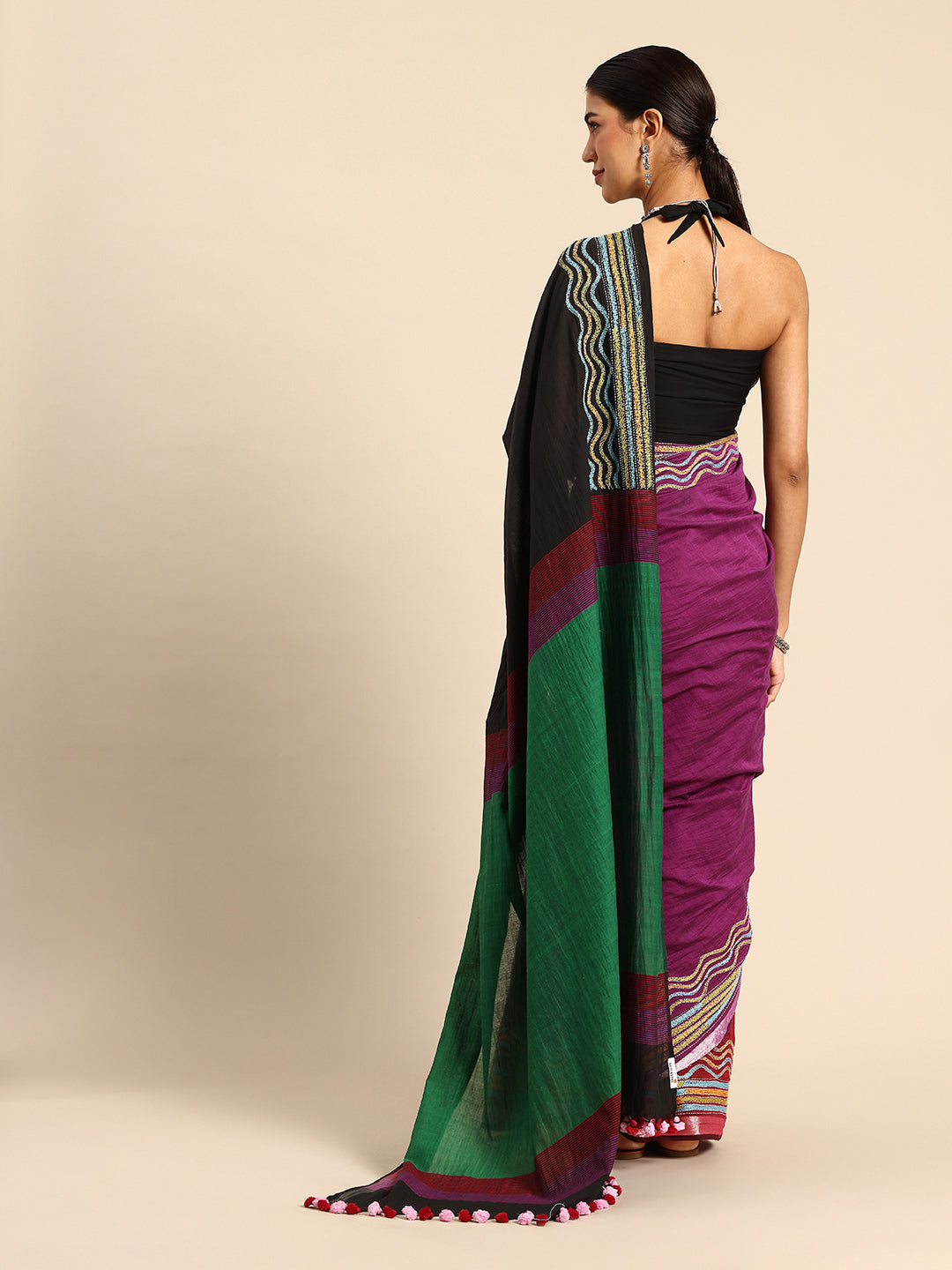 Handloom Black Magenta Colorblock Cotton Kantha Saree | SHOBITAM