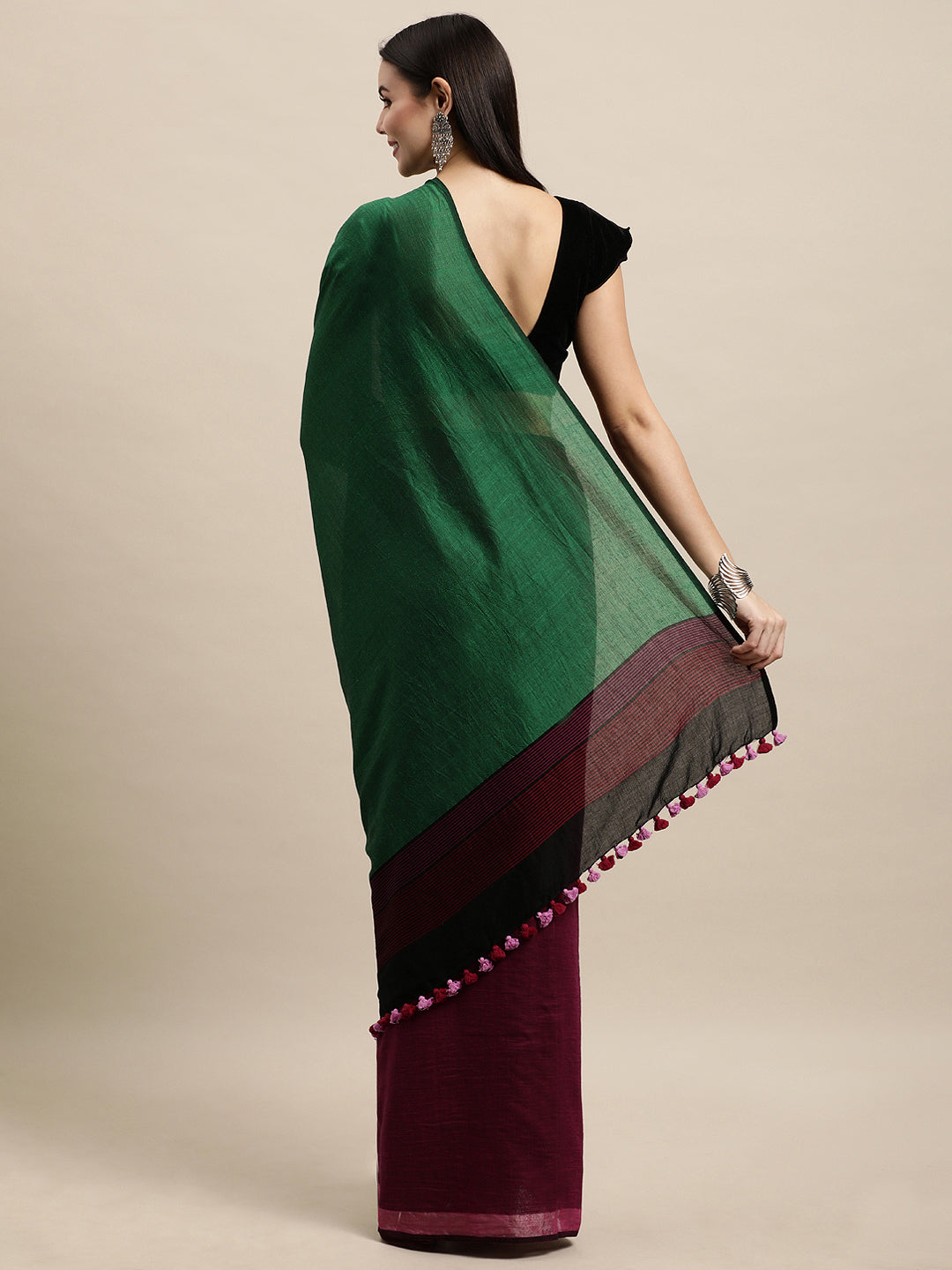 Colour block Cotton Saree with pompoms | Shobitam