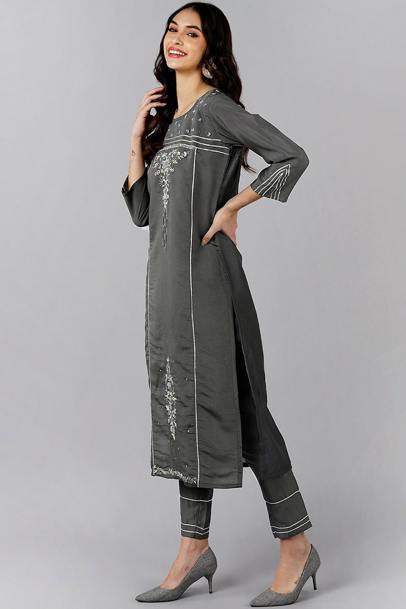 Grey Poly Silk Embroidered Straight Suit Set  | SHOBITAM