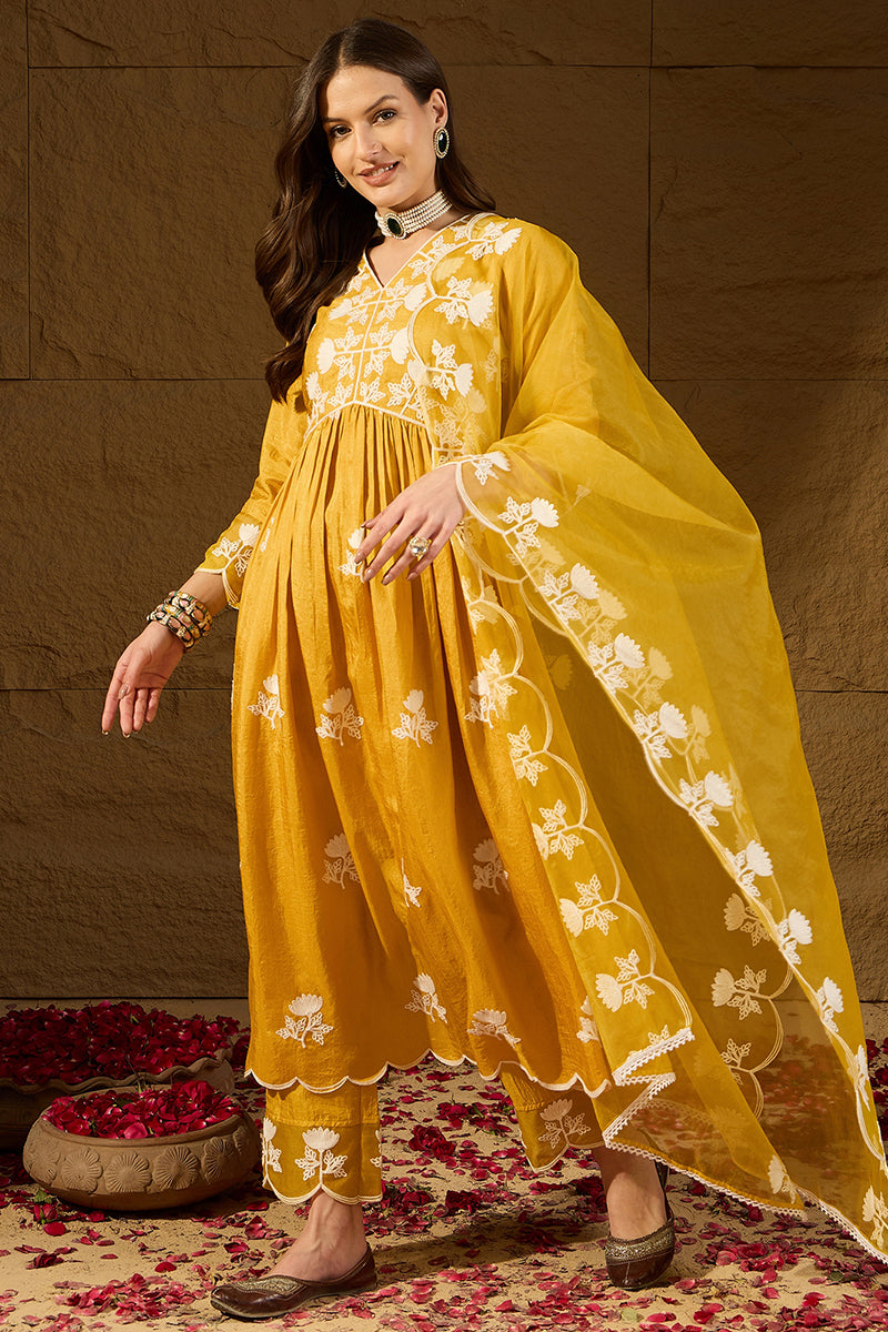 Yellow Silk Blend Solid Embroidered A-Line Kurta Trouser With Dupatta | SHOBITAM