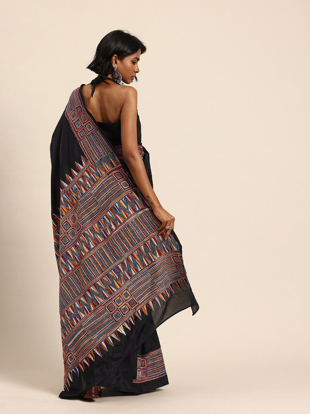 Black ArtSilk Kantha Saree with Blouse piece | SHOBITAM