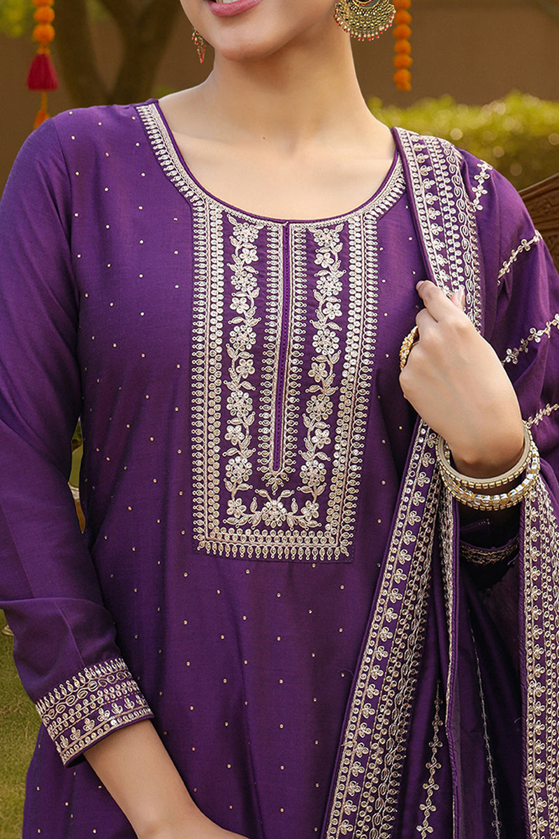 Purple Silk Blend Straight Kurta Palazzo With Dupatta | SHOBITAM