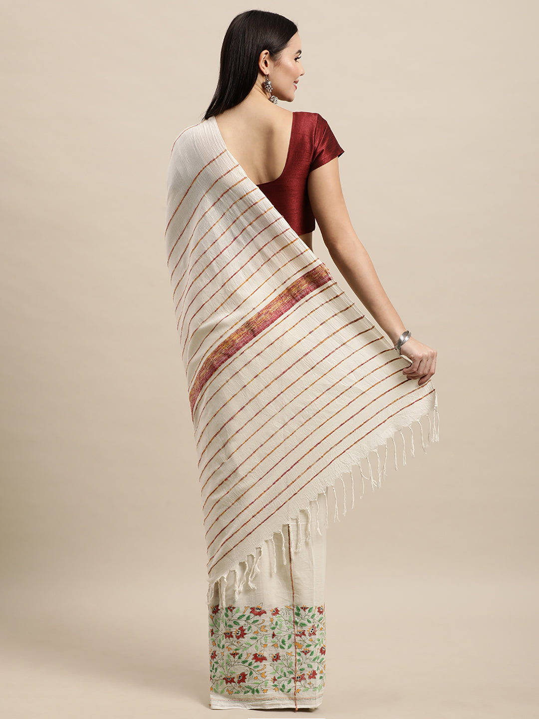 Cream Floral Kantha Cotton Saree | Shobitam