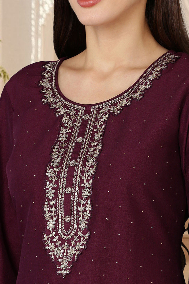 Burgundy Silk Blend Solid Straight Kurta Trousers With Dupatta  | SHOBITAM