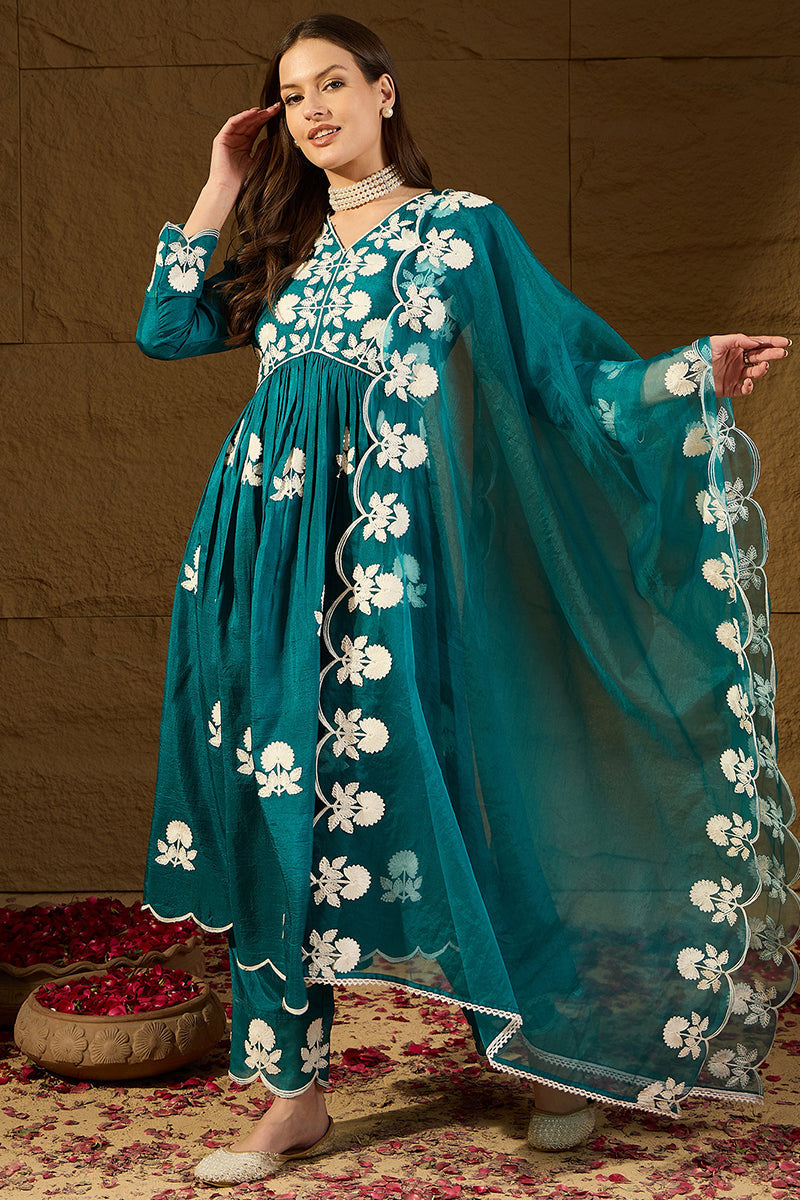 Teal Silk Blend Solid Embroidered A-Line Kurta Trouser With Dupatta | SHOBITAM