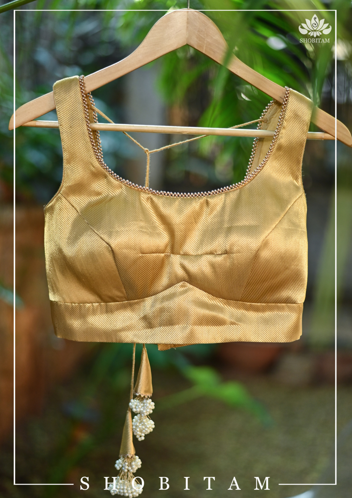 Made to Measure: Gold brocade U neck sleeveless blouse | Shobitam