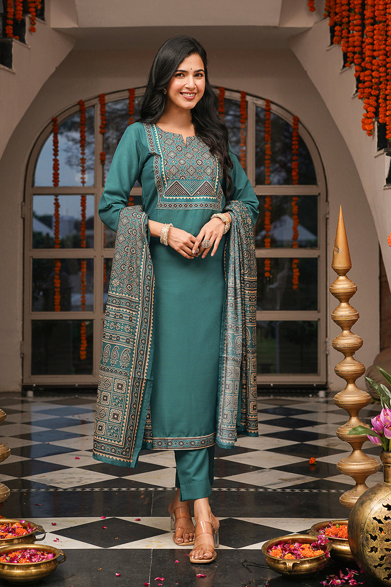 Teal Rayon Blend Ajrakh Printed Straight Kurta Trousers With Dupatta | SHOBITAM