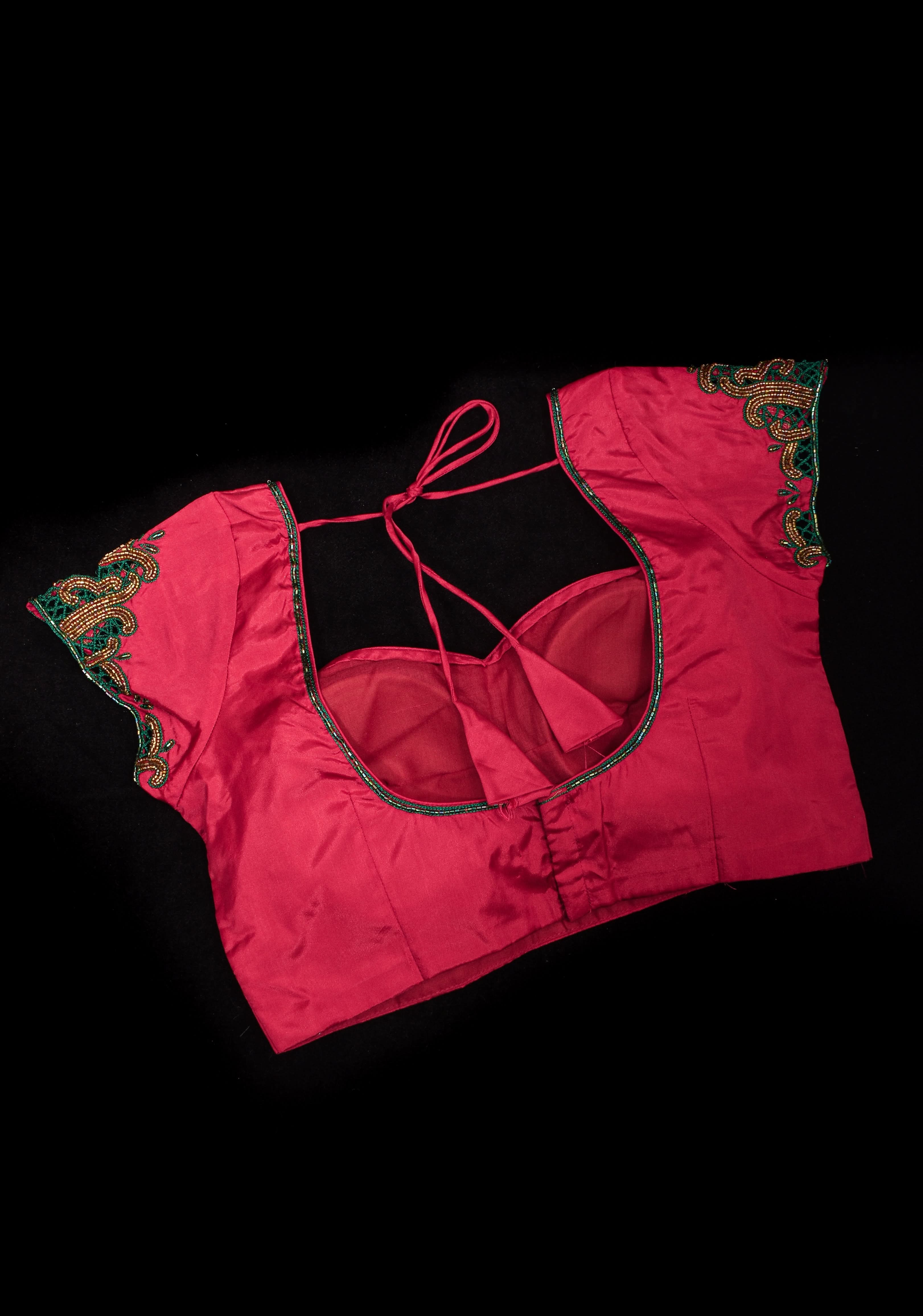 Silk Blouse with hand cutwork on cap sleeves and cutdana detailing, colors customizable | Shobitam