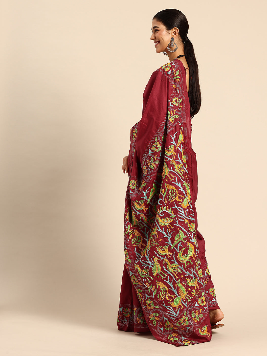 Red Bird Design Artsilk Kantha Saree with Blouse piece | SHOBITAM