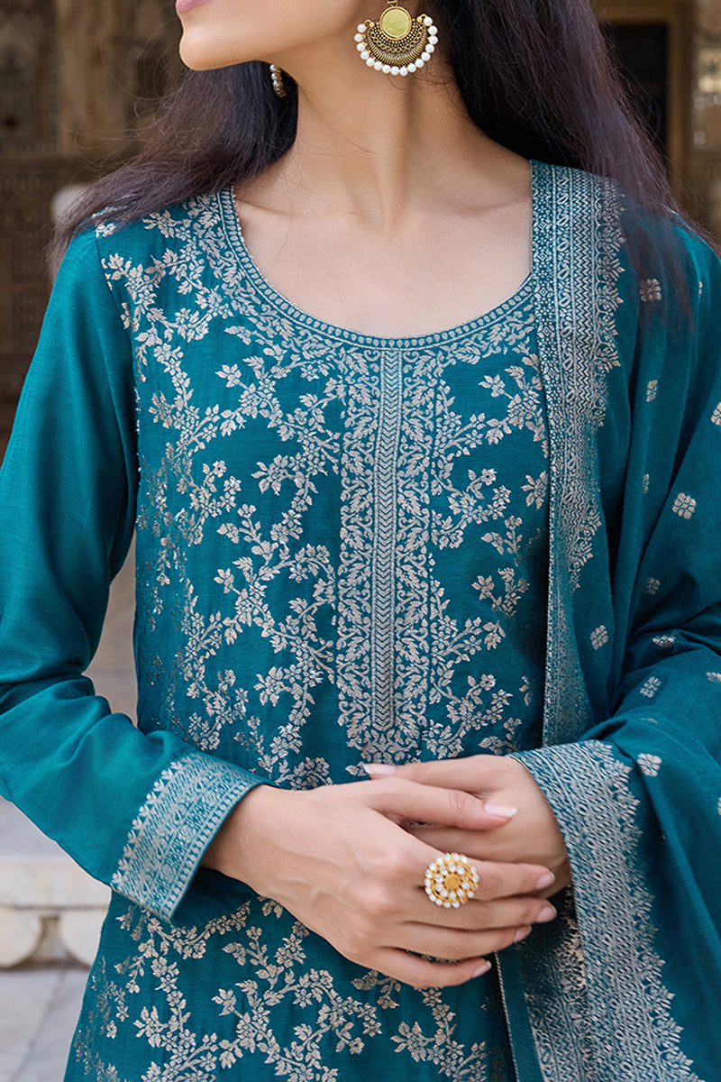 Teal Blue Poly Chanderi Solid Woven Design Straight Trouser Suit Set | SHOBITAM