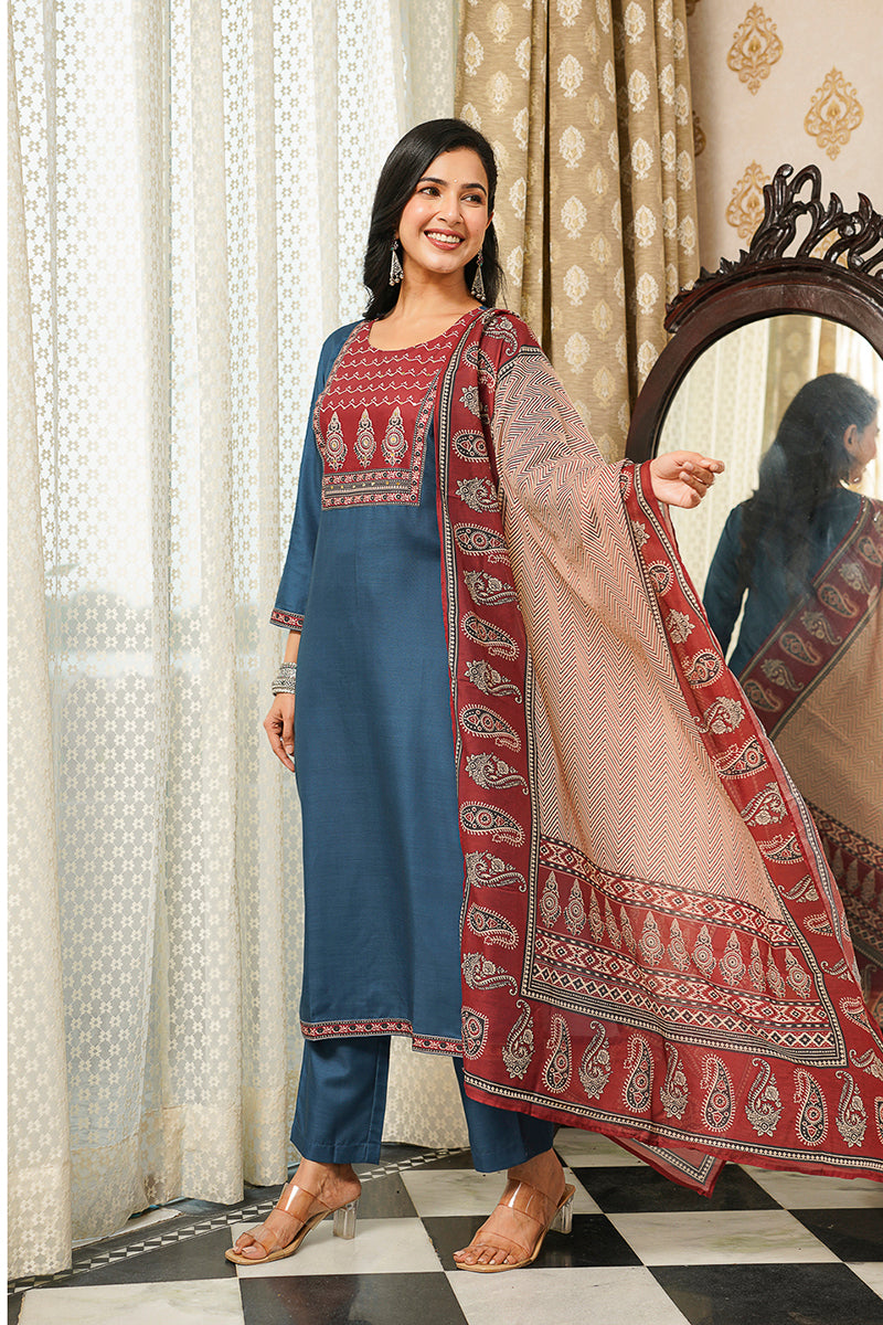 Blue Cotton Blend Ajrakh Printed Straight Kurta Trousers With Dupatta | SHOBITAM