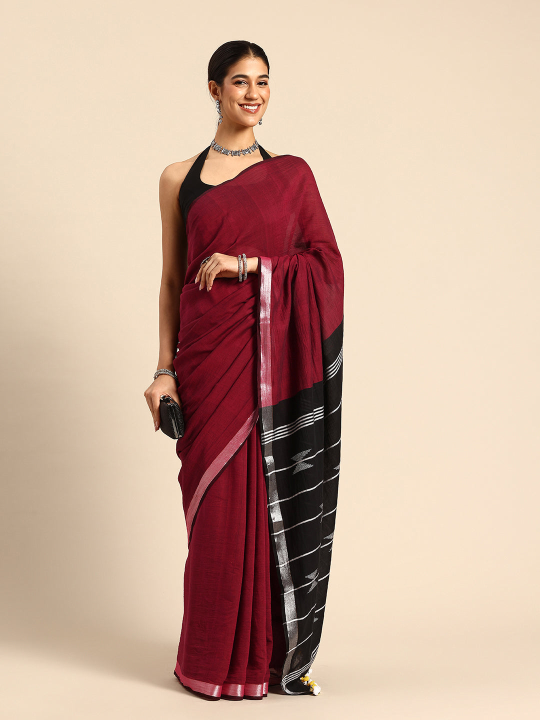 Black Maroon Cotton Handloom Saree| SHOBITAM