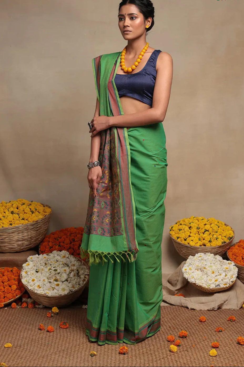 Emerald Green Pure Cotton Saree | Shobitam