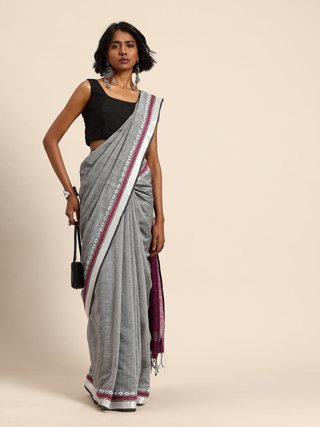 Handloom Grey Purple Cotton Kantha Saree | SHOBITAM