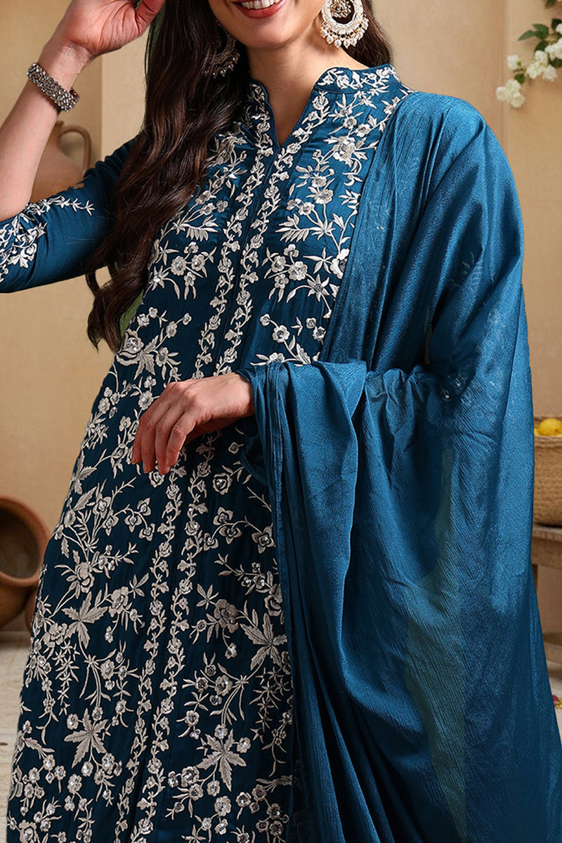 Teal Blue Silk Blend Solid Embroidered Straight Suit Set  | SHOBITAM