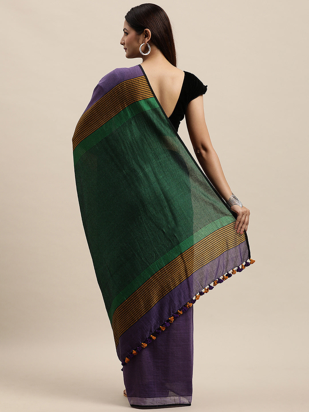 Purple Green Colour Block Cotton Saree with pompoms | Shobitam
