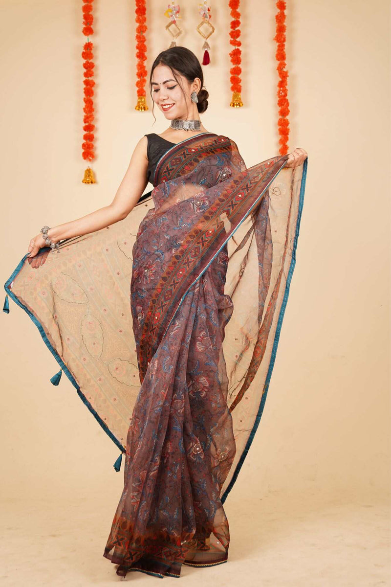 Ready To Wear Beautiful Printed organza With Intricate Beads & Sequence work Wrap in 1 minute saree With Readymade Blouse - Isadora Life Online Shopping Store