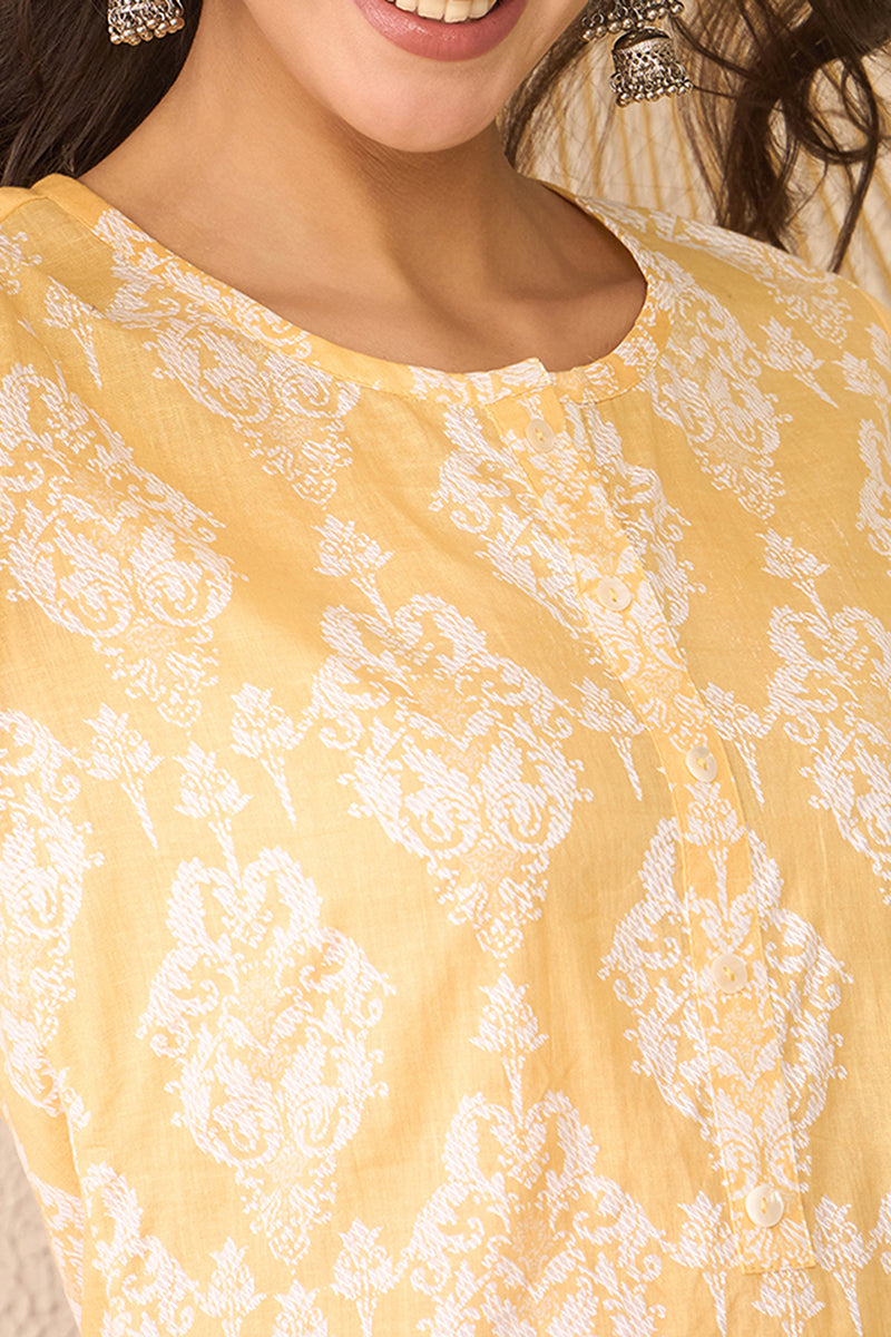 Yellow Cotton Blend Ethnic Motifs Printed Regular Top | SHOBITAM