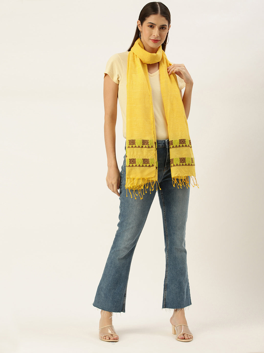 Yellow Brown Cotton Eri Silk Stole | SHOBITAM