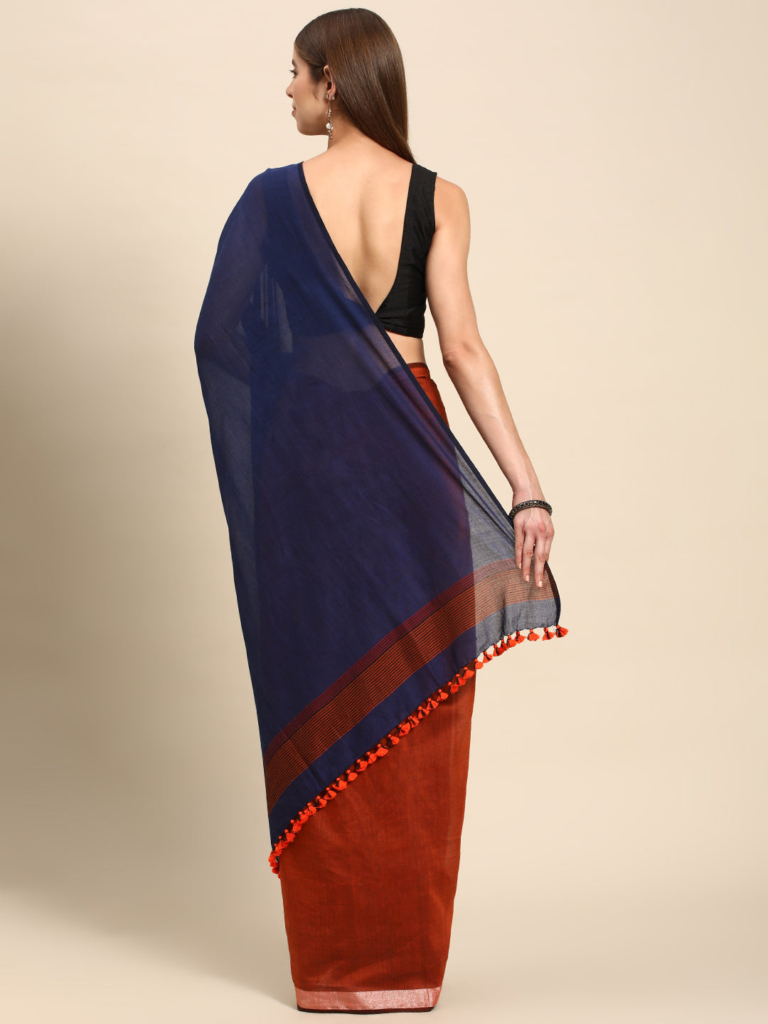 Colour block Cotton Saree with pompoms | Shobitam