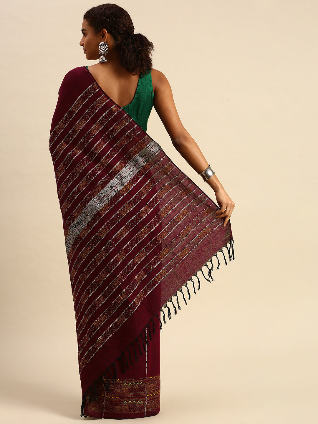 Maroon Yellow Khesh Kantha Stitch Cotton Saree | Shobitam