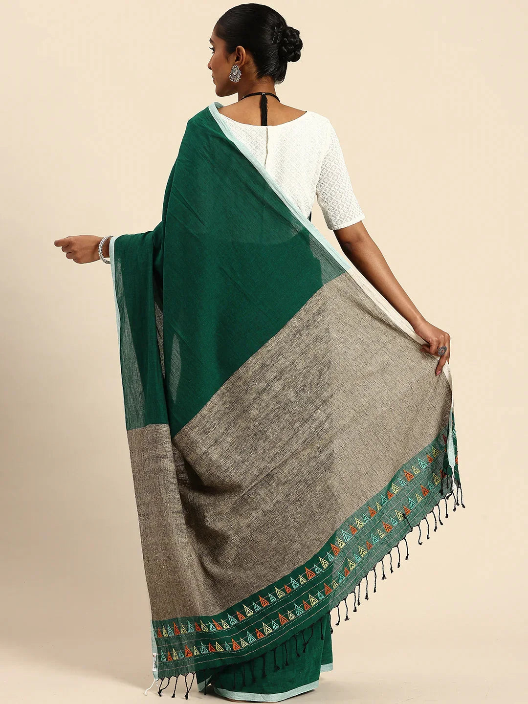 Dark Green 100% Cotton Handloom Saree with Kantha Embroidery on Ghicha Pallu and Blouse Piece