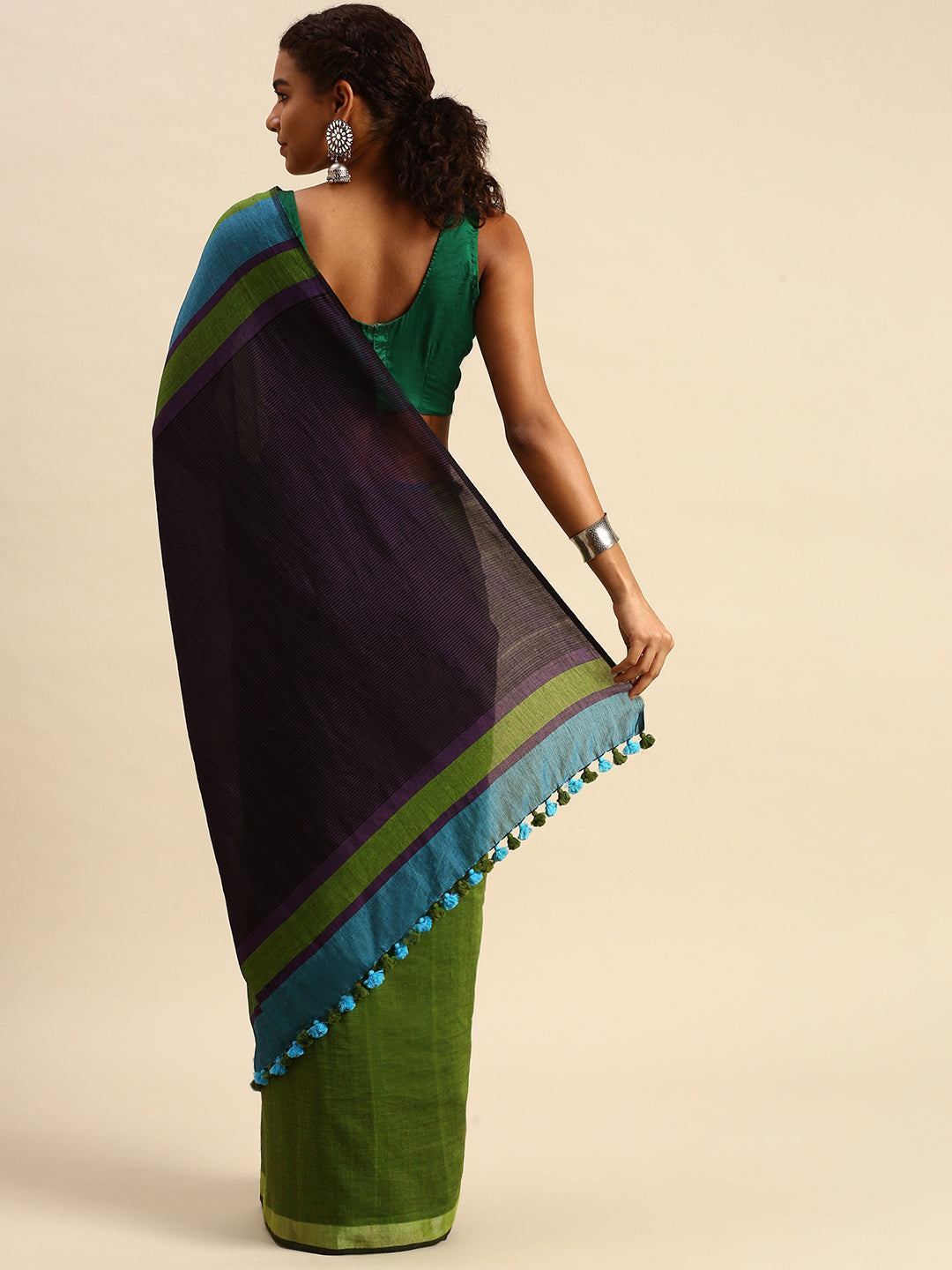 Colour block Cotton Saree with pompoms | Shobitam