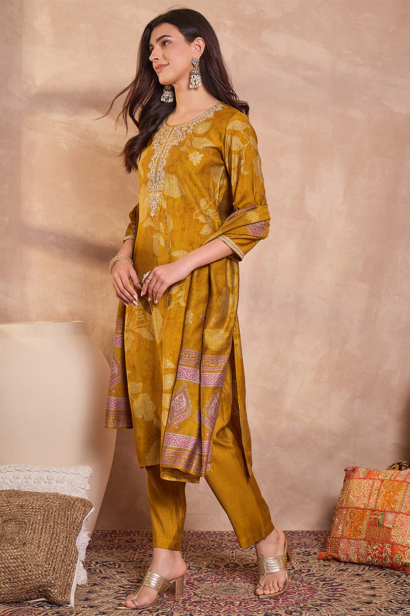 Mustard Silk Blend Floral Printed Straight Kurta Trouser With Dupatta | SHOBITAM