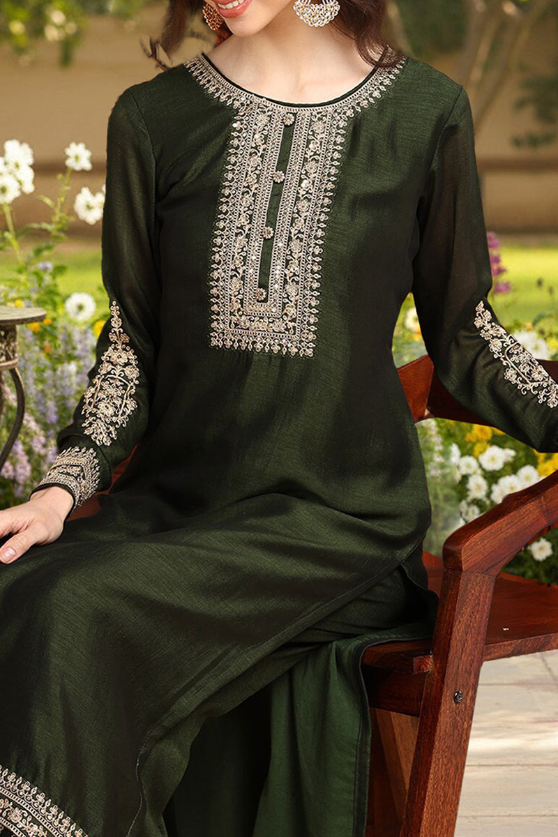 Green Silk Blend Solid Embroidered Straight Style Suit Set | SHOBITAM