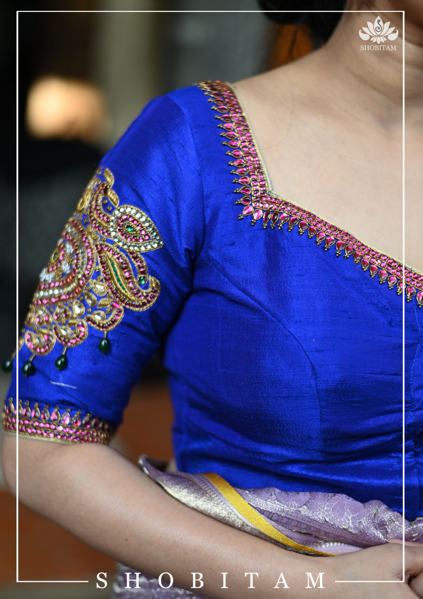 Made to Measure: Ultramarine blue raw silk sweetheart neck blouse | Shobitam