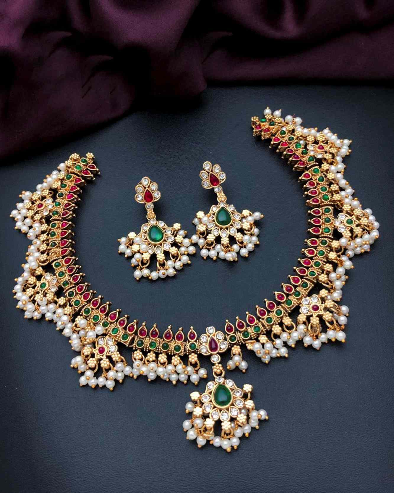 Royal Traditional Kundan Studded Pink & Green Ruby Stone Choker Set with Dangle Earrings – Classic Elegance and Timeless Beauty