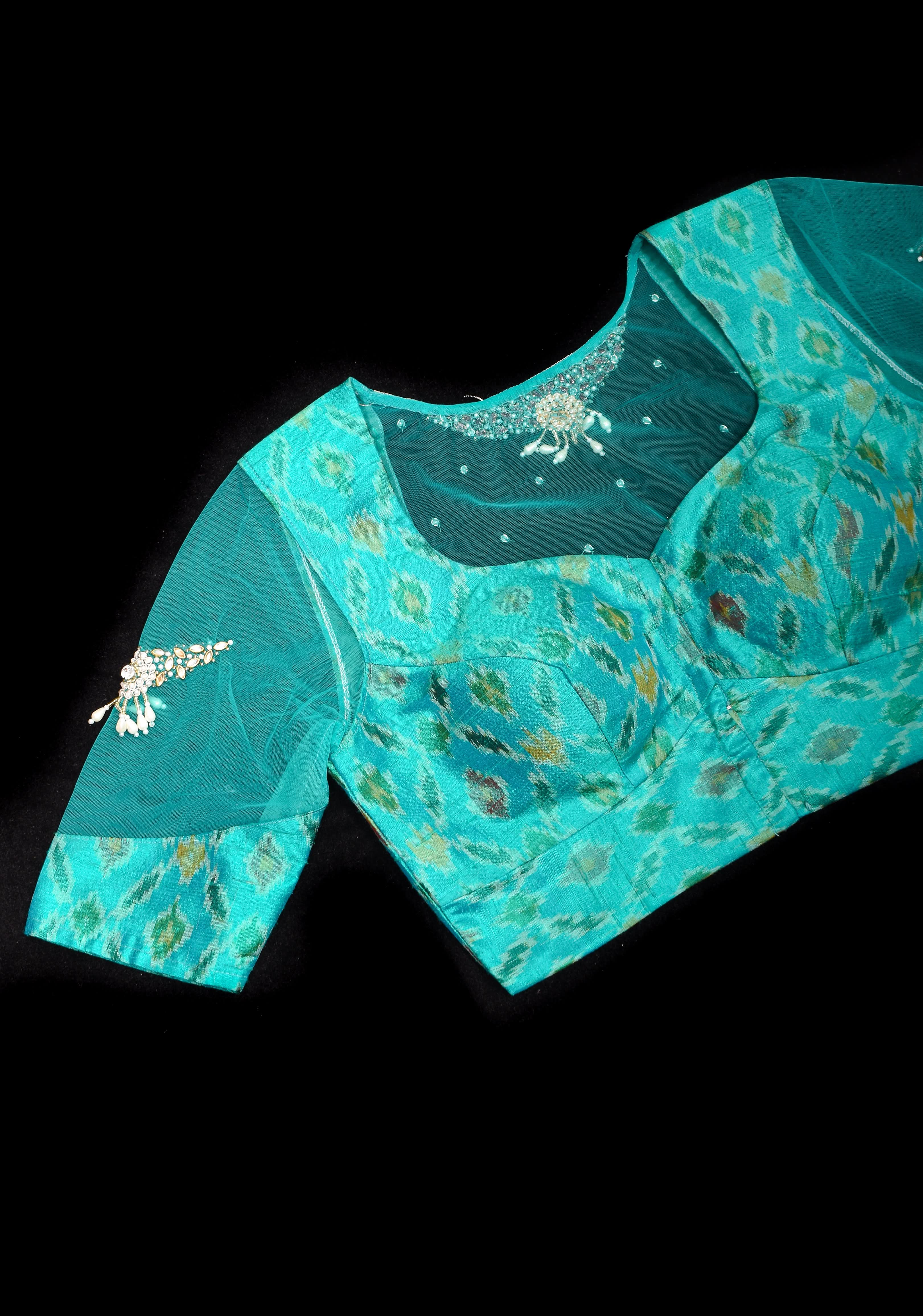 Cyan Pure ikkat  Raw silk blouse with Rhinestone detailing in back and sleeves | Shobitam