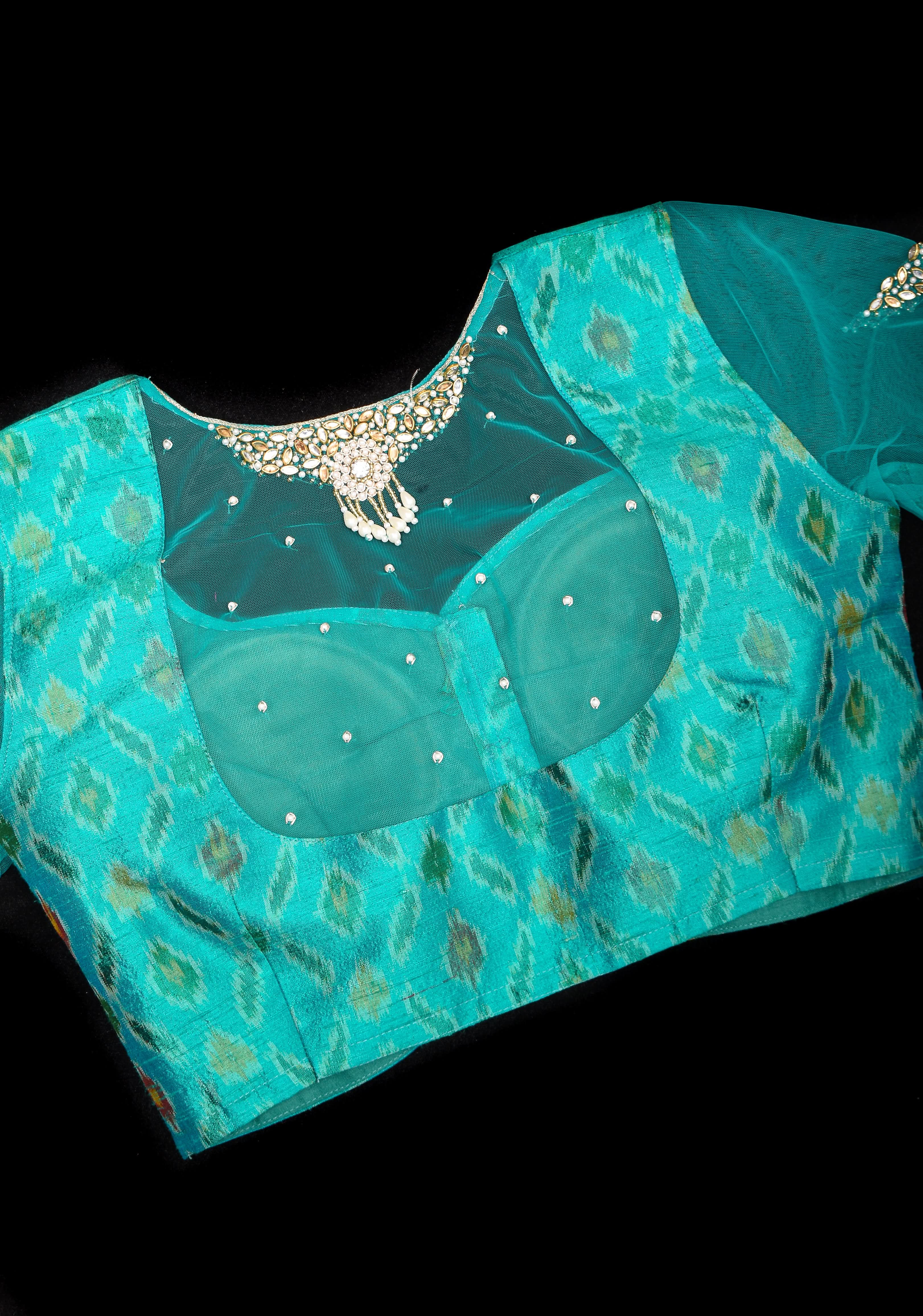 Cyan Pure ikkat  Raw silk blouse with Rhinestone detailing in back and sleeves | Shobitam