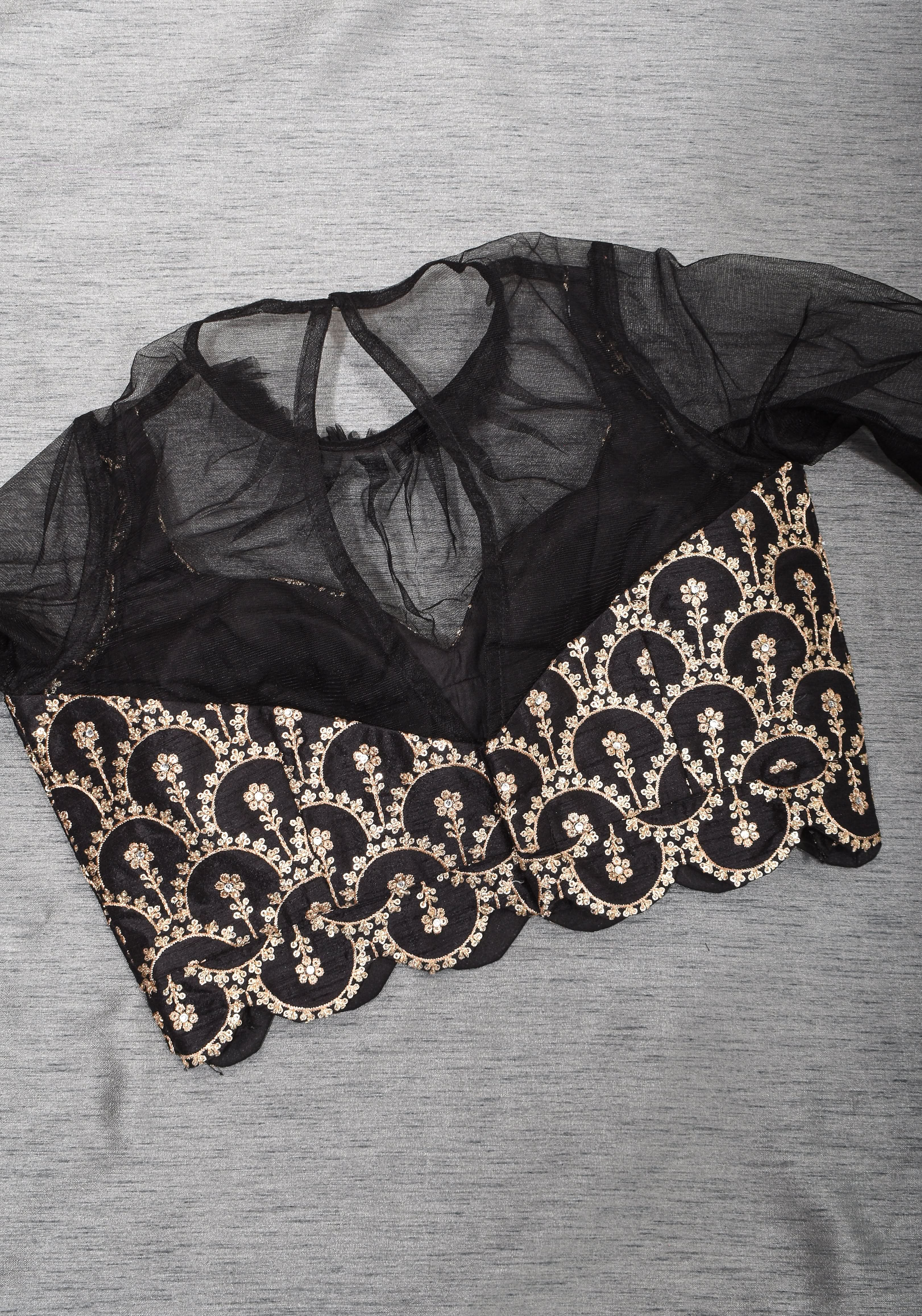 Black embroidered blouse with net gathered yoke and scalloped front base | Shobitam