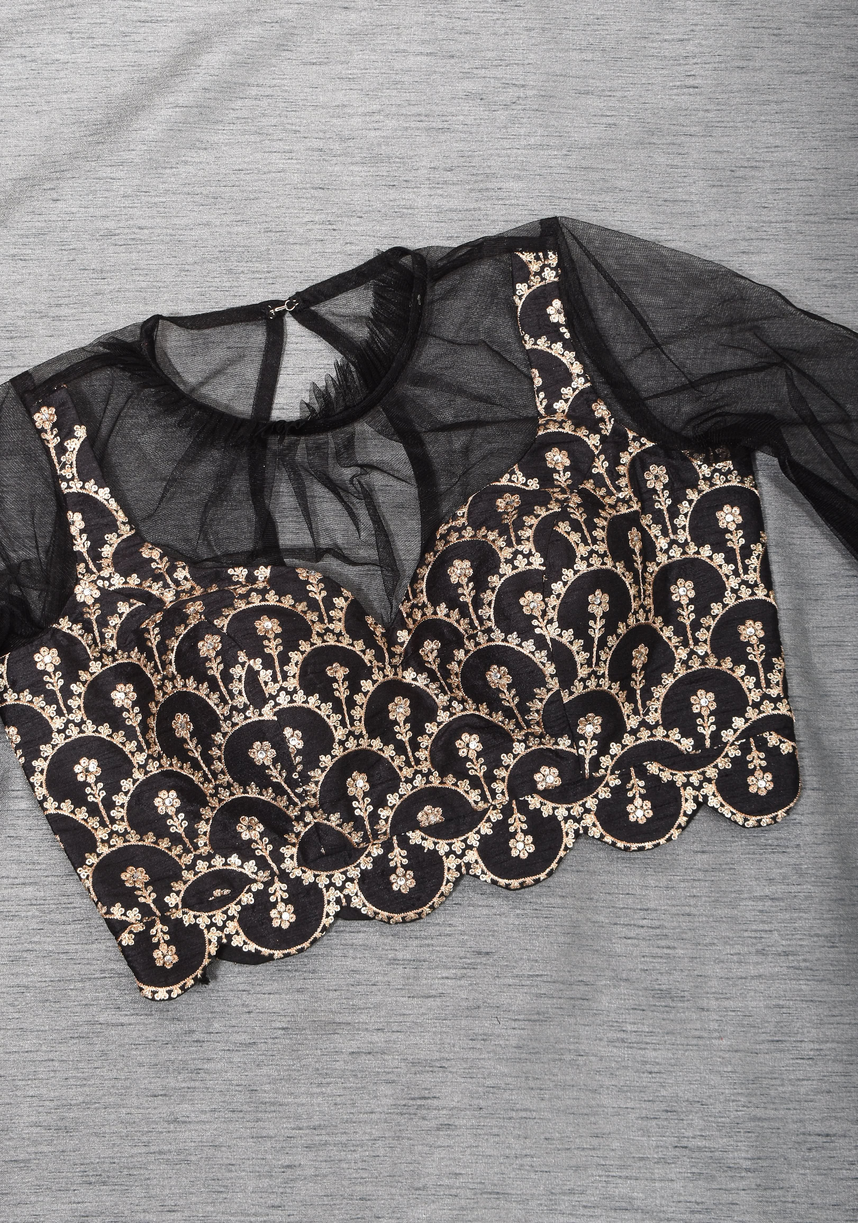 Black embroidered blouse with net gathered yoke and scalloped front base | Shobitam