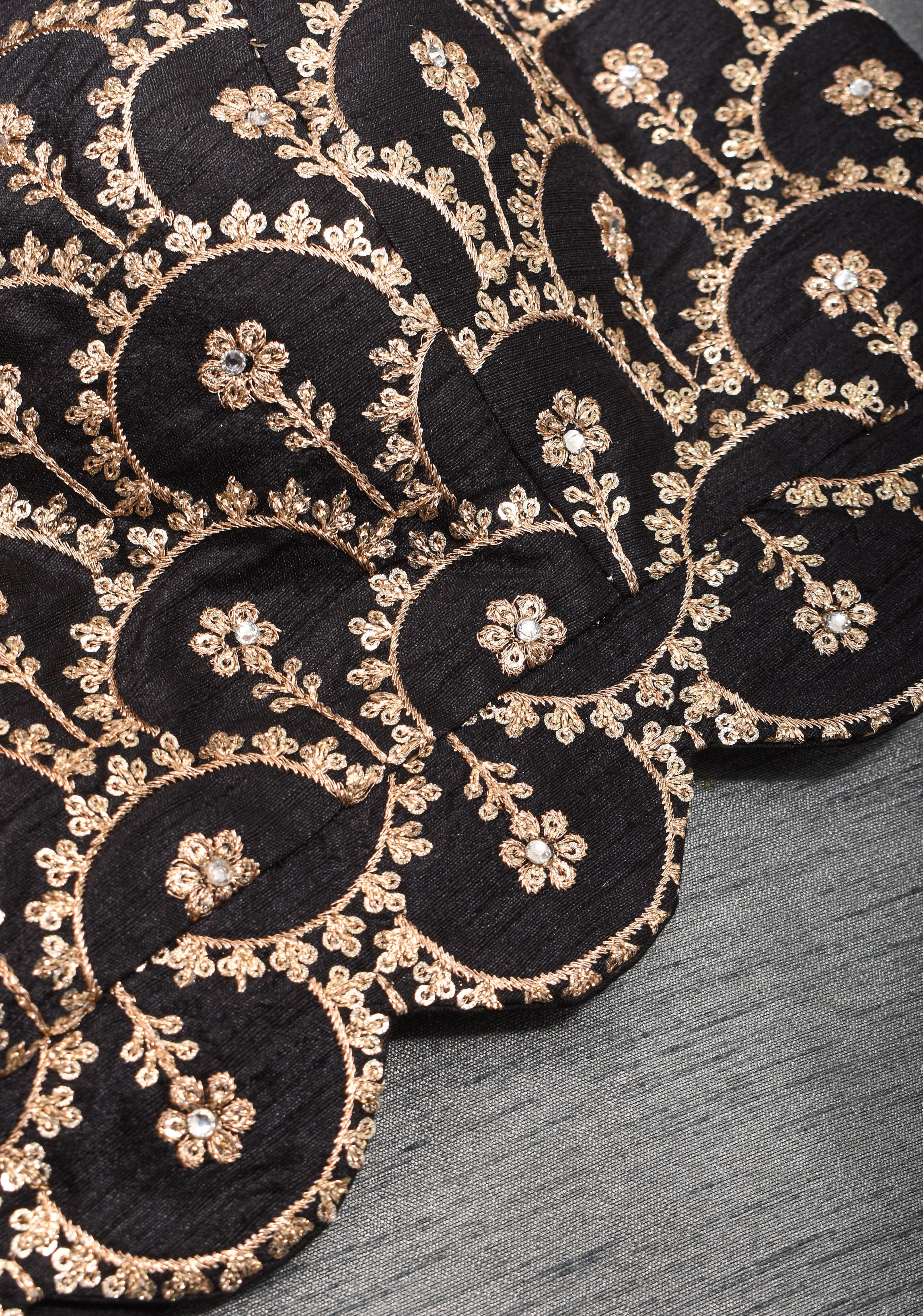 Black embroidered blouse with net gathered yoke and scalloped front base | Shobitam