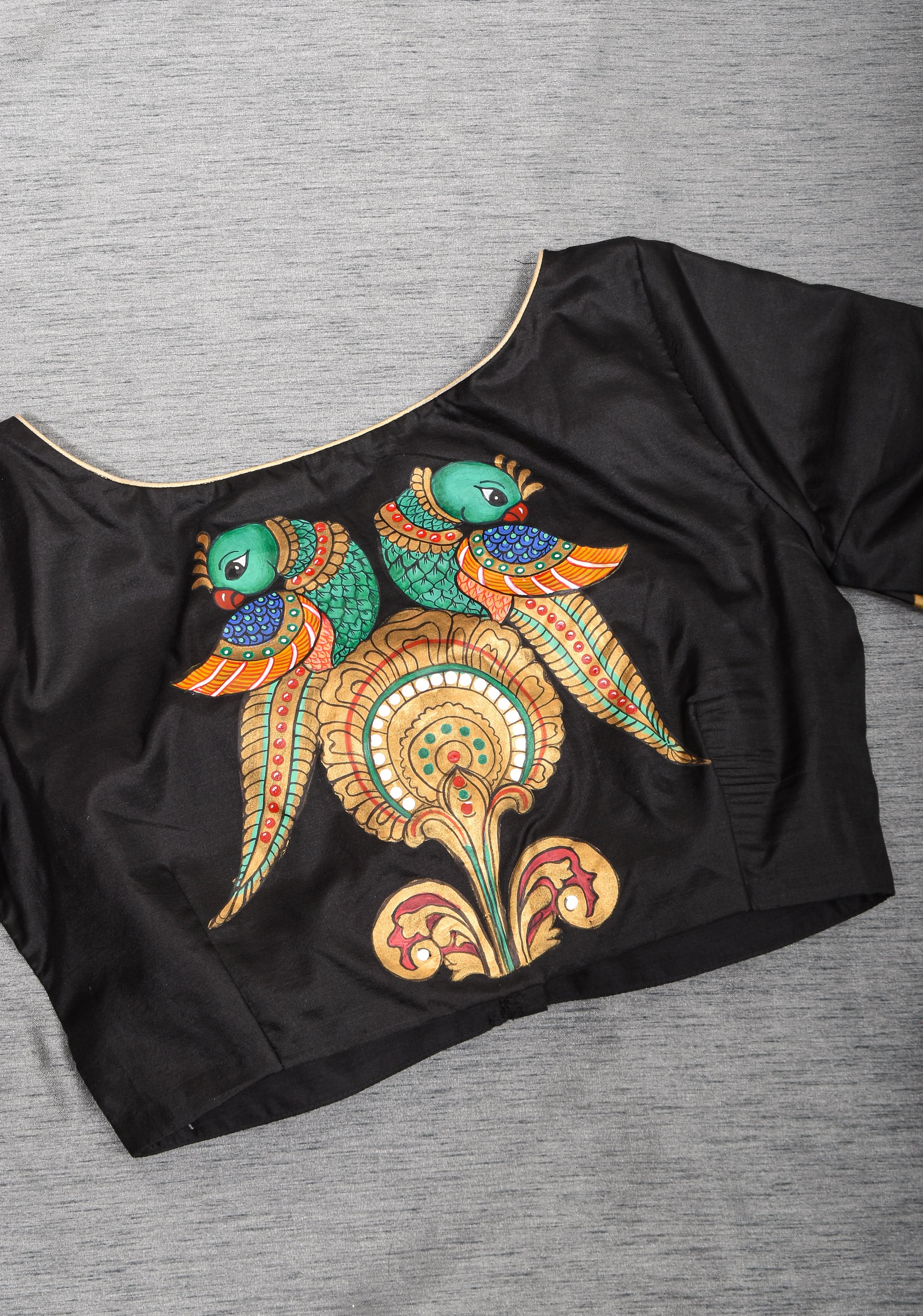 Tanjore Parrots - pure Silk blouse with Tanjore Style Hand painting, Color Customizable. | Shobitam