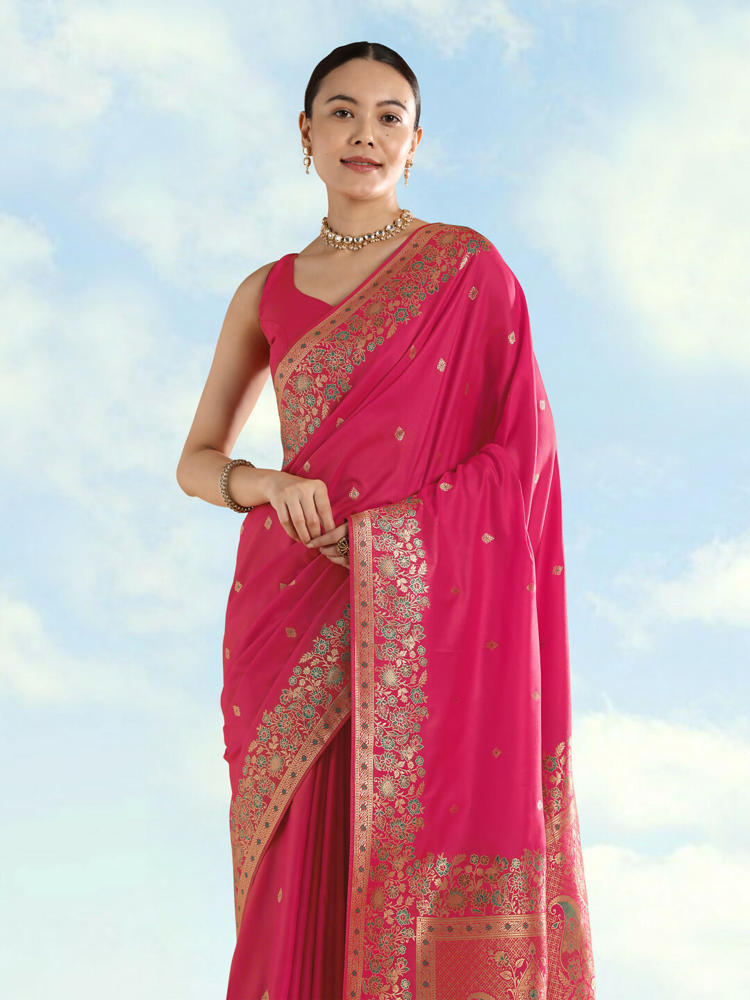 Rani Pink Semi Banarasi Satin silk Saree With Zari Border And Butti Work  | Shobitam