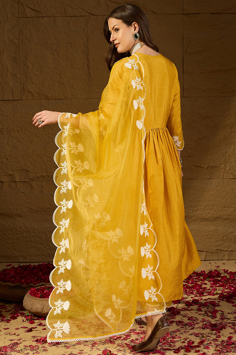 Yellow Silk Blend Solid Embroidered A-Line Kurta Trouser With Dupatta | SHOBITAM