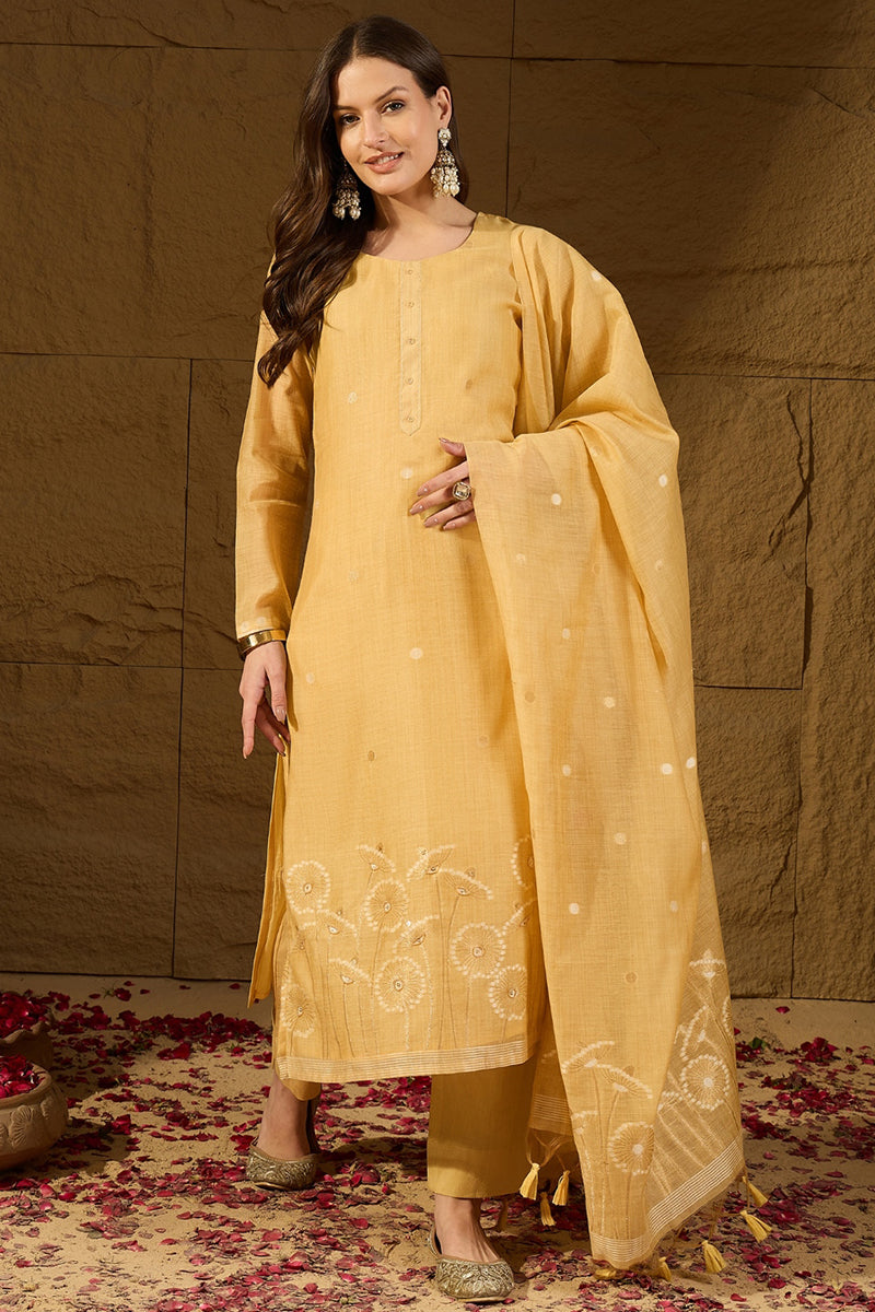 Yellow Chanderi Woven Design Straight Kurta Trouser with Dupatta | SHOBITAM